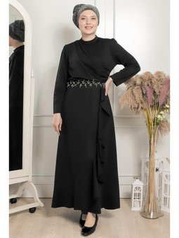 Fırfırlı Taş İşleme Detaylı Abiye Elbise Siyah