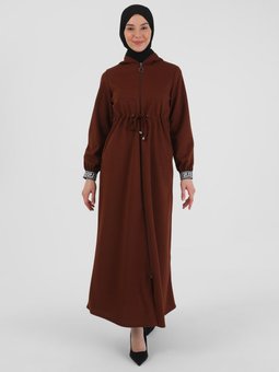 Kol Detyalı Boydan Fermuarlı Kahverengi Ferace