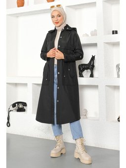 Kapüşonlu Siyah Trençkot