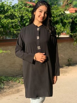 Siyah Taş İşlemeli Salaş Tunik