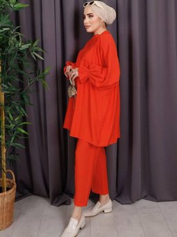 Turuncu Yarı Düğmeli Keten Takım