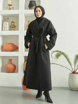 Kuşak Detaylı Siyah Pardesü