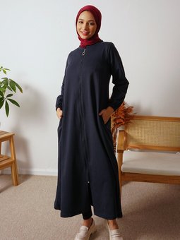 Cepli Fermuarlı Uzun Spor Koyu Lacivert Ferace