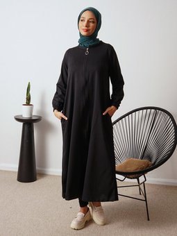 Cepli Fermuarlı Uzun Spor Siyah Kap