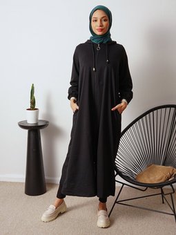 Kapüşonlu Uzun Spor Siyah Kap