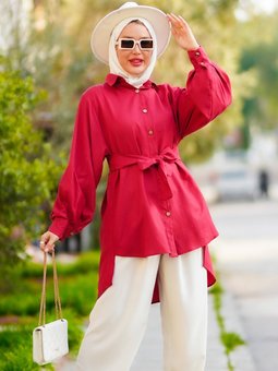 Önü Kısa Arka Uzun Belinden Kemerli Bordo Tunik