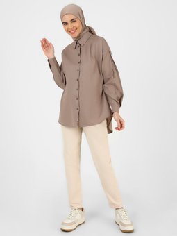 Arkası Uzun Düğmeli Oxford Açık Vizon Tunik