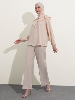 Bağlama Detaylı Saten Bej Bluz