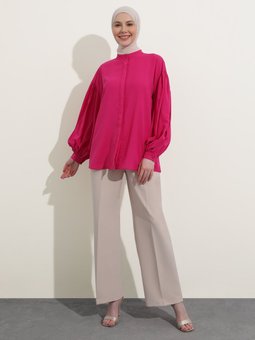 Balon Kollu Saten Fuşya Gömlek