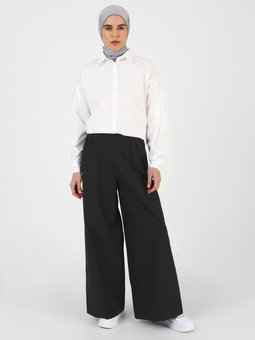 Beli Lastikli Bol Paça Poplin Siyah Pantolon