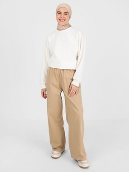 Doğal Kumaşlı Beli Lastikli Gabardin Camel Pantolon