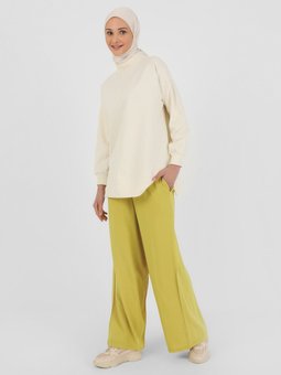 Geniş Paça Beli Lastikli Viskon Yağ Yeşili Pantolon