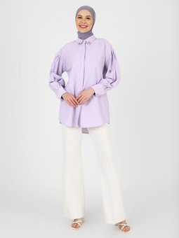Gizli Düğmeli Taş Detaylı Poplin Açık Lila Tunik