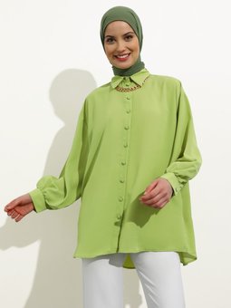 İpek Tuşeli Oversize Fıstık Yeşili Tunik