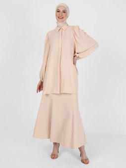 İpek Tuşeli Volümlü Kol Detaylı Vanilya Tunik