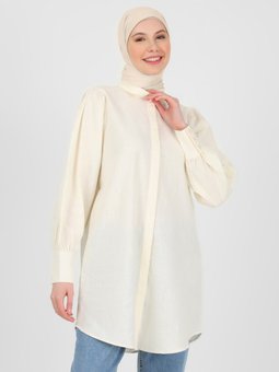 Keten Gizli Pat Uzun Off White Tunik