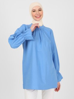 Keten Kolucu Volanlı Deniz Mavisi Tunik