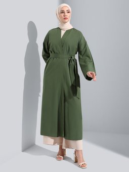 Kuşak Detaylı Rahat Zümrüt Yeşili Ferace