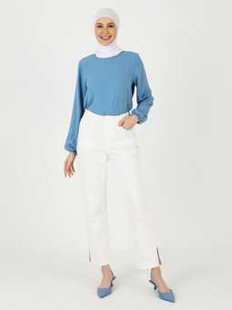 Paça Detaylı Yüksek Bel Denim Off White Pantolon