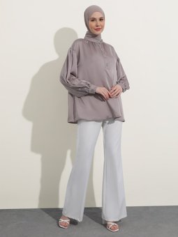 Taşlı Düğmeli Saten Derin Pembe Tunik