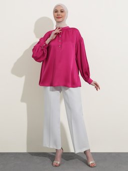 Taşlı Düğmeli Saten Fuşya Tunik