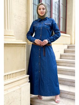 Deri Kemerli Kot Koyu Mavi Elbise