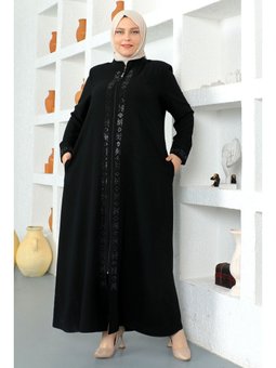 Pul İşlemeli Siyah Ferace