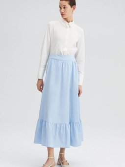 Buz Mavisi Beli Lastikli Fırfırlı Uzun Etek