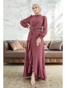 Gül Kurusu Eteği Volanlı Abiye Elbise