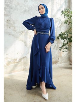 İndigo Eteği Volanlı Abiye Elbise