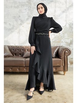 Siyah Eteği Volanlı Abiye Elbise