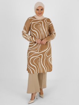 Büyük Beden Desenli Açık Vizon Tunik