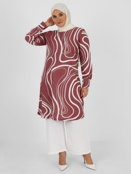 Büyük Beden Desenli Gül Kurusu Tunik