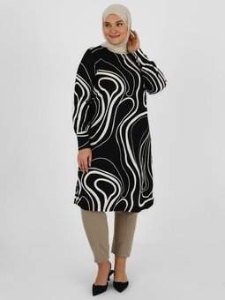 Büyük Beden Desenli Siyah Tunik