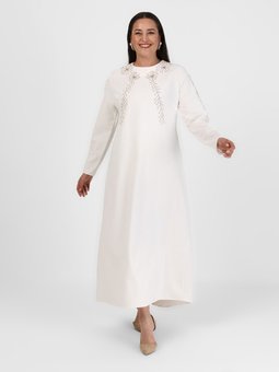 Büyük Beden Boncuk Detaylı Nakışlı Ekru Abiye Elbise