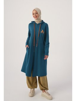 Açık Petrol Nakışlı Kapüşonlu Rahat Hırka