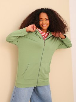 Yeşil Cepli Kapüşonlu Sweat Hırka