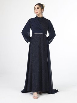 Lacivert Simli Kumaşlı Abiye Elbise