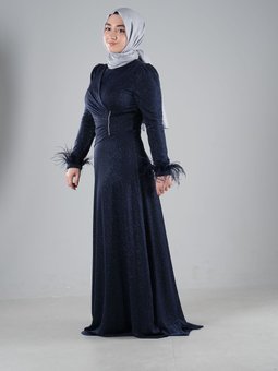 Lacivert Tüy Detaylı Simli Uzun Abiye Elbise