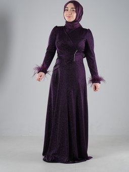 Mor Tüy Detaylı Simli Uzun Abiye Elbise