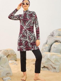 Kahverengi Likralı Mayo Yaprak Desenli