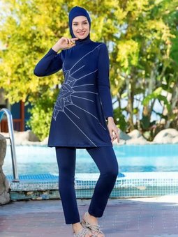 Lacivert Büyük Beden Likralı Çiçek Desenli Tam Kapalı Mayo