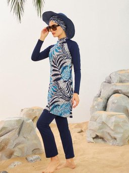 Lacivert Likralı Palmiye Yaptağı Desenli Puantiyeli Tam Kapalı Mayo