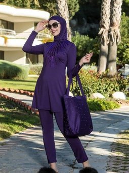 Mor Büyük Beden Uzun Kol Pul İşlemeli Tam Kapalı Mayo