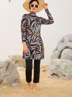 Mor Likralı Eğrelti Yaprağı Desenli Tam Kapalı Mayo