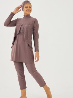 Pembe Uzun Kol Likra Toz İnci İşlemeli Tam Kapalı Mayo