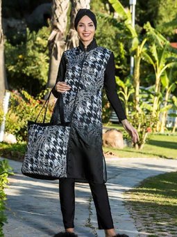 Siyah Karakalem Desenli Tam Kapalı Mayo