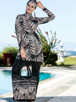 Siyah Likra Palmiye Yaprağı Desenli Pudra Rengi Tam Kapalı Mayo