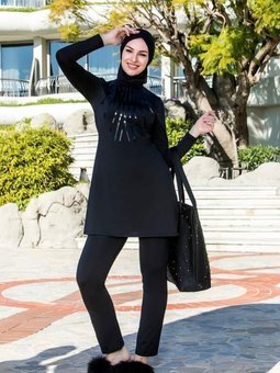 Siyah Pullu Detay Büyük Beden Tam Kapalı Mayo