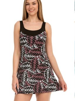 Siyah Şortlu Elbise Kahverengi Beyaz Yapraklar Mayo